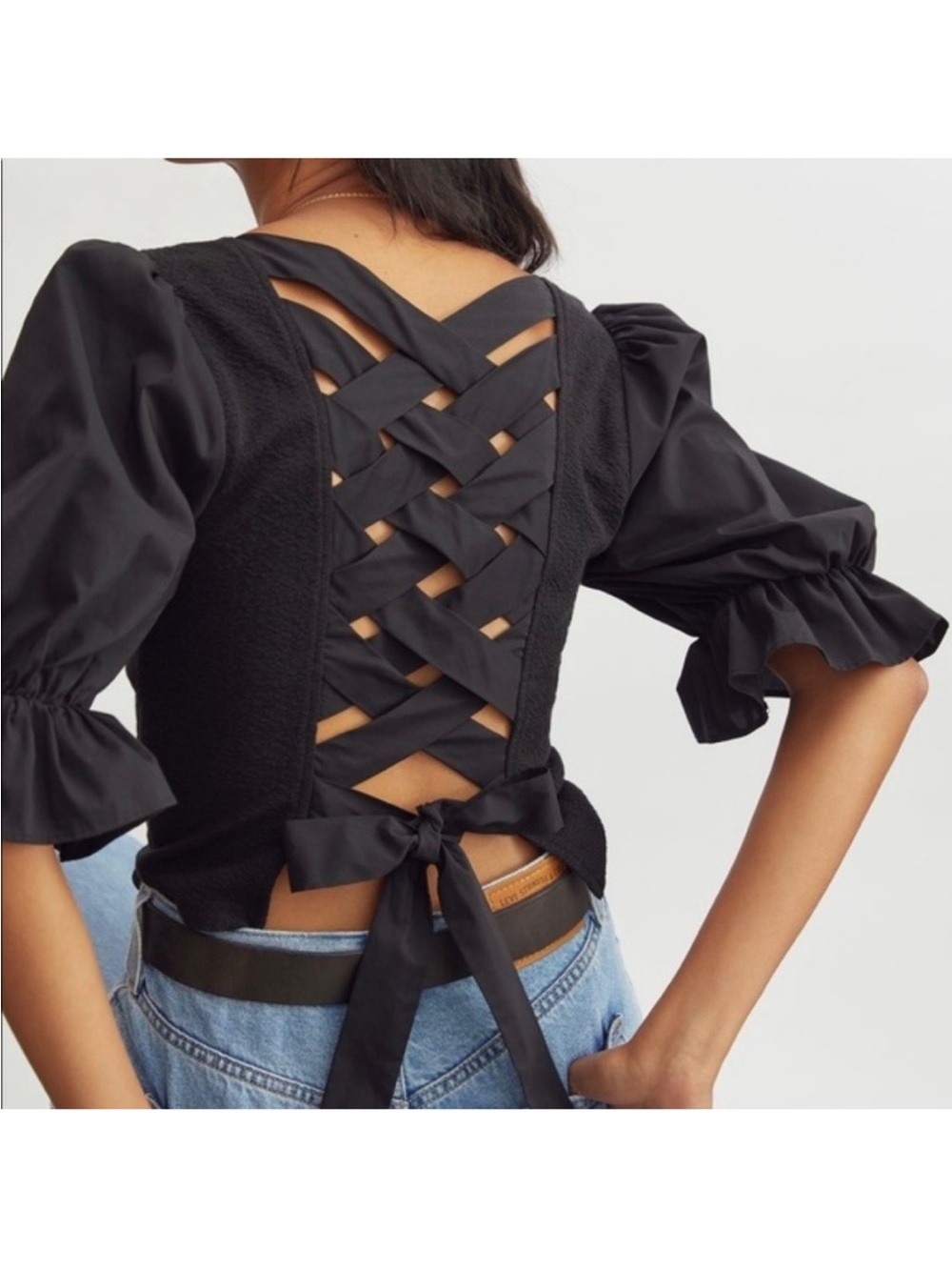 Anthropologie Sunday in Brooklyn Tie Back Corset Top Black Puff Sleeve Whimsy